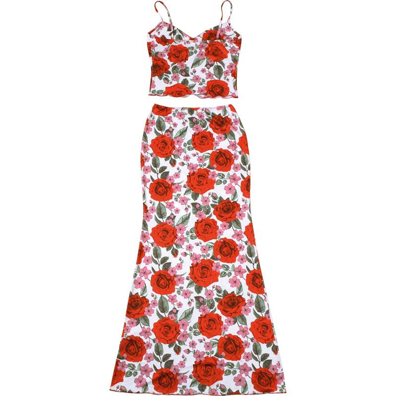 acelimosf™-V neck flower print cami maxi skirt set