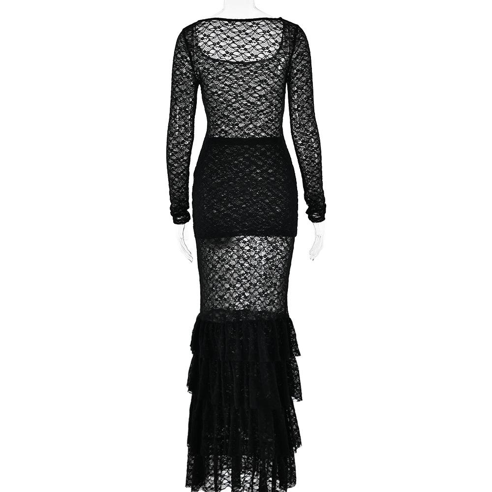 acelimosf™-Long sleeve lace see through ruffle maxi skirt set