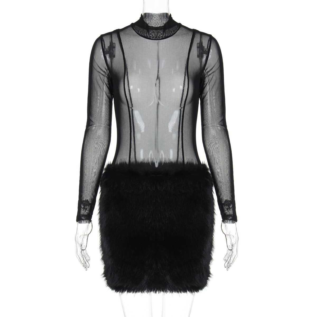 acelimosf™-Long sleeve high neck mesh fluffy mini skirt set