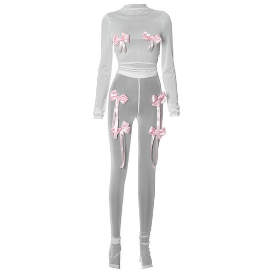 acelimosf™-Long sleeve bowknot high neck mesh see through pant set