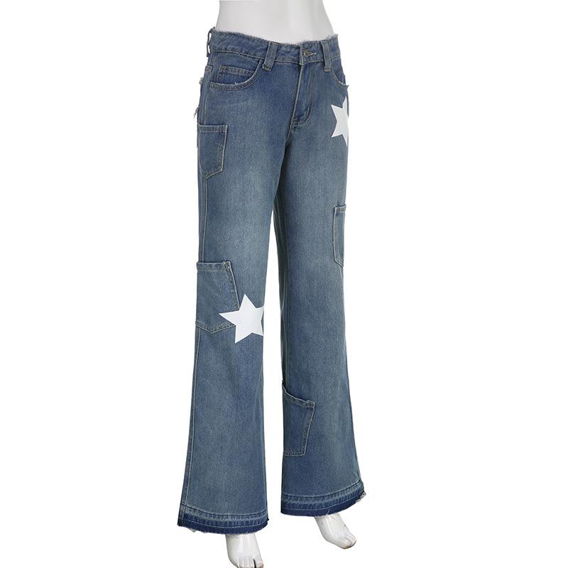 acelimosf™-Contrast star pattern raw hem pocket straight leg jeans grunge 90s Streetwear Disheveled Chic Fashion grunge 90s Streetwear Distressed Fashion