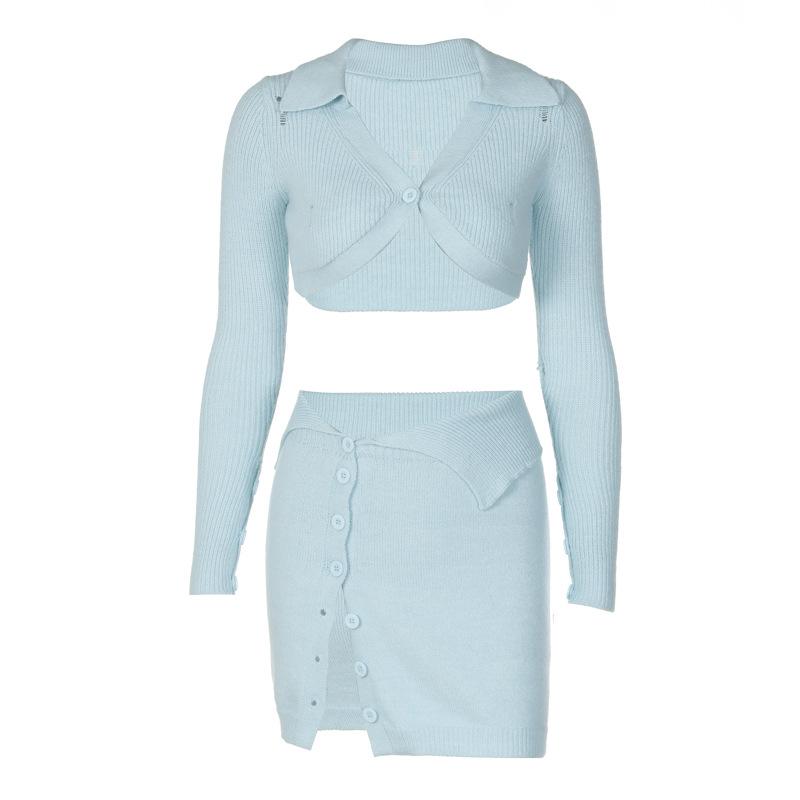 acelimosf™-Button knitted solid long sleeve turnover collar mini skirt set