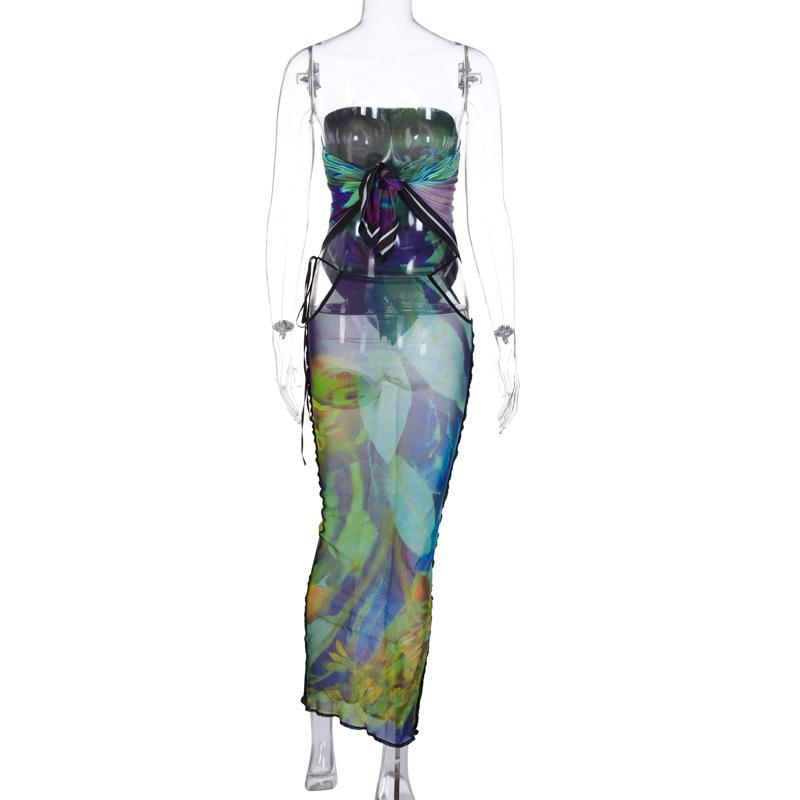 acelimosf™-Mesh see through self tie contrast backless stitch tube maxi skirt set