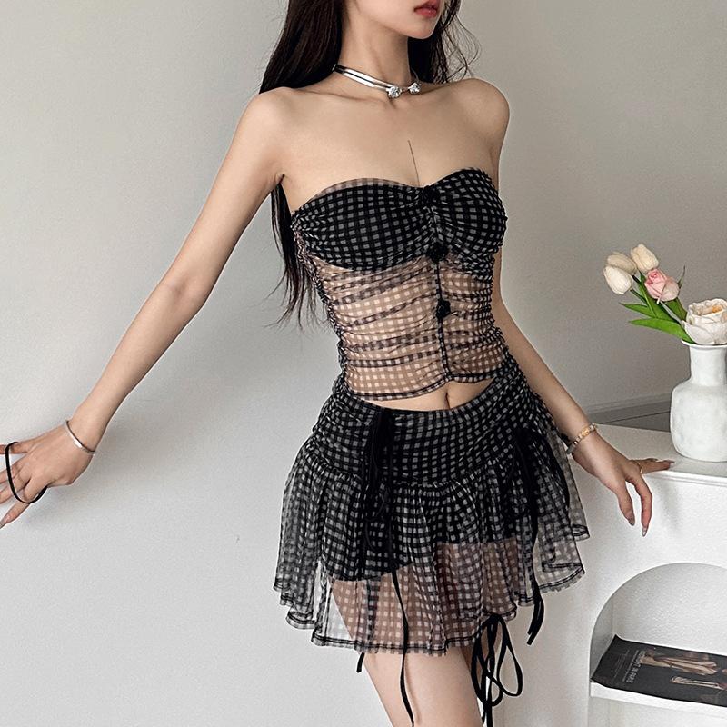 acelimosf™-Rose applique plaid mesh ruched tube mini skirt set