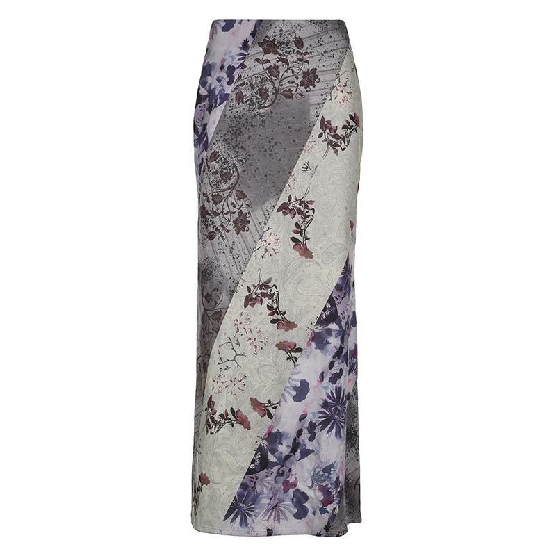 acelimosf™-Flower print contrast maxi skirt