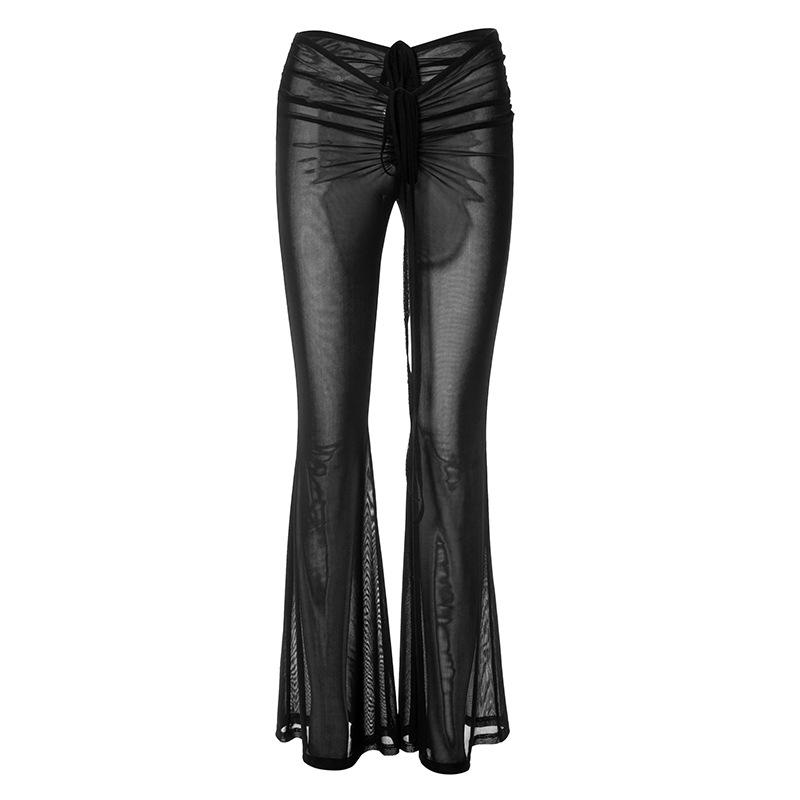 acelimosf™-Ruched self tie low rise sheer mesh see through flared pant