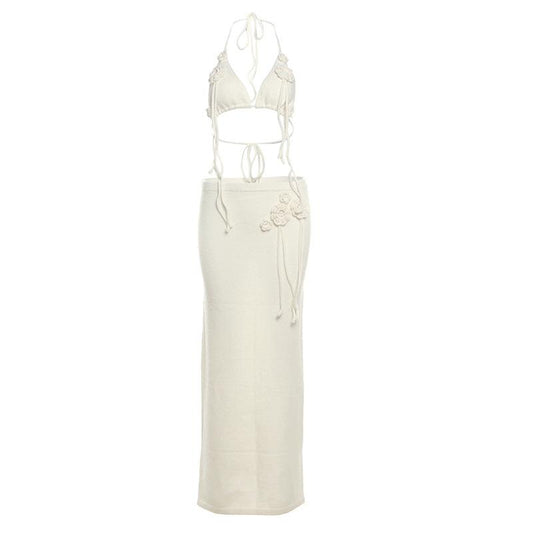 acelimosf™-Halter self tie flower applique slit backless mini skirt set