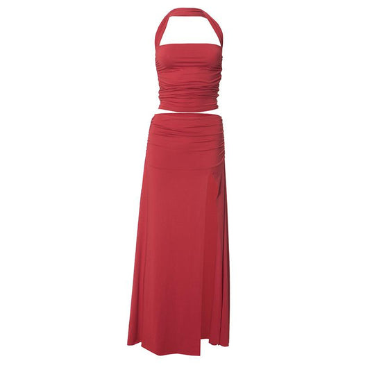 acelimosf™-Halter ruched backless high slit maxi skirt set