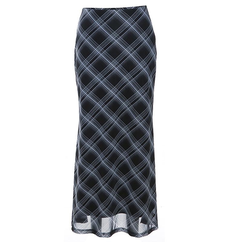 acelimosf™-Plaid contrast chiffon low rise maxi skirt