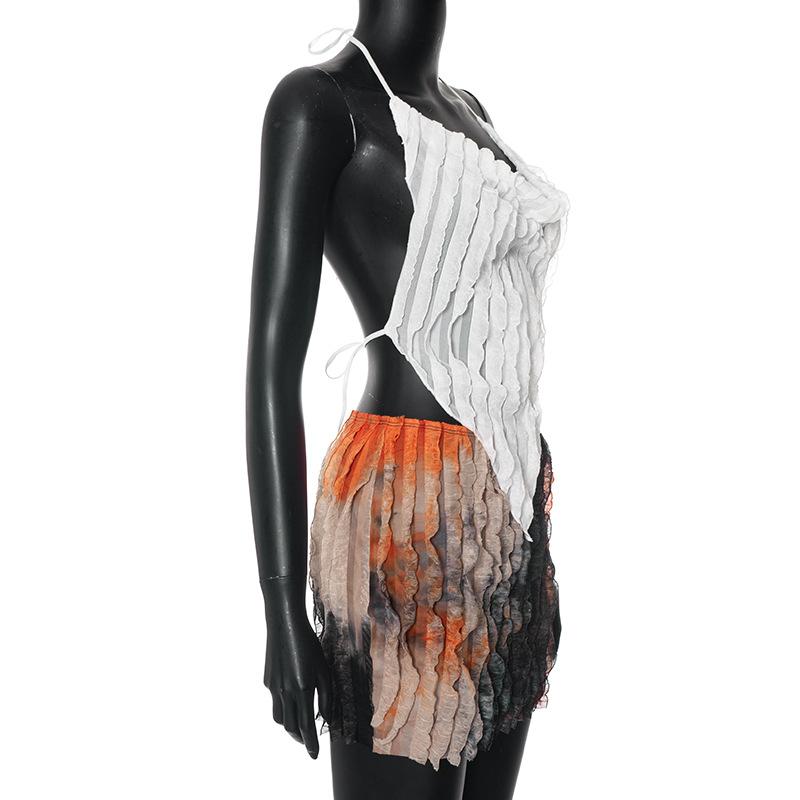 acelimosf™-Halter cowl neck ruffle tie dye backless mini skirt set