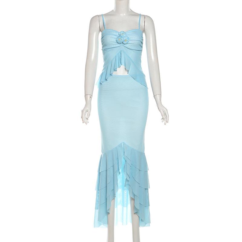 acelimosf™-Flower applique ruffle ruched sheer mesh cami maxi skirt set