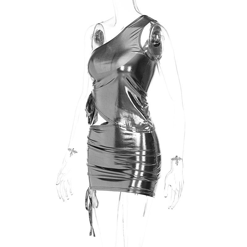 acelimosf™-Metallic drawstring irregular one shoulder mini skirt set