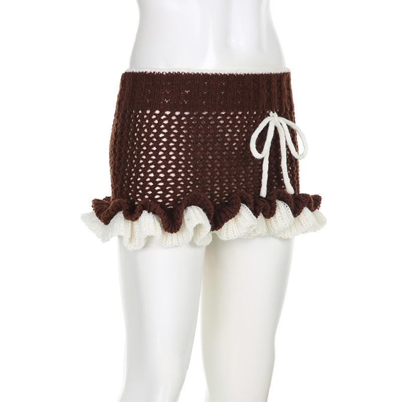 acelimosf™-Ruffle contrast crochet low rise mini skirt