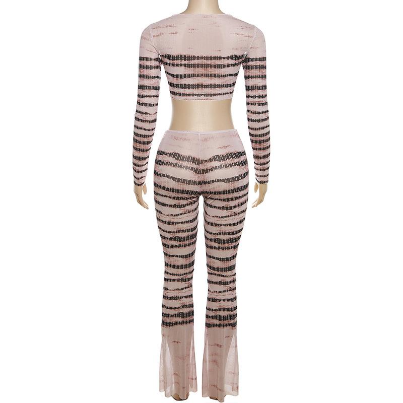 acelimosf™-Sheer mesh striped see through long sleeve contrast pant set