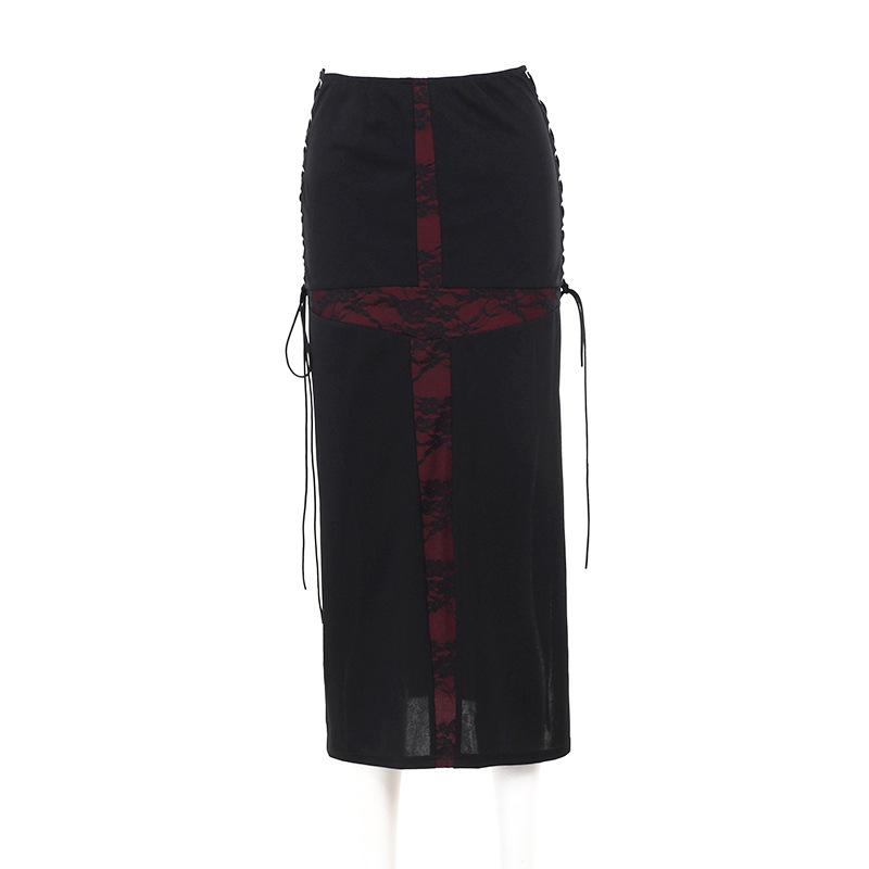 acelimosf™-Cross lace lace up high slit midi skirt