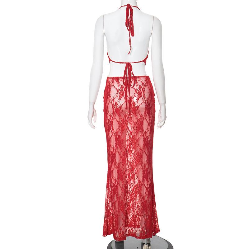 acelimosf™-Halter u neck lace see through ruched backless maxi skirt set