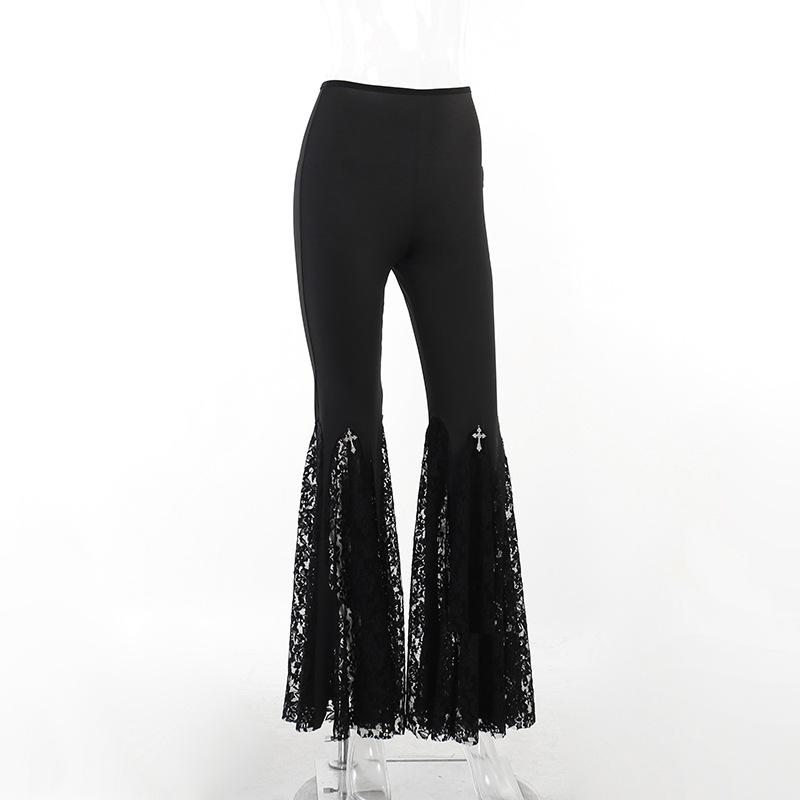 acelimosf™-Lace patchwork solid cross applique flared pant y2k 90s Revival Techno Fashion