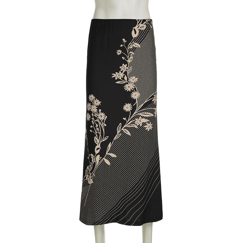 acelimosf™-Polka dot flower print contrast maxi skirt