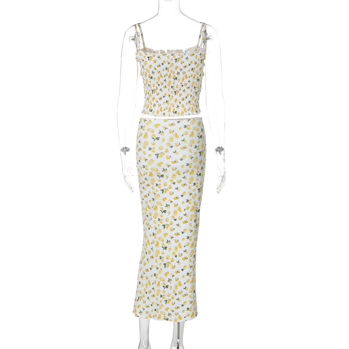 acelimosf™-Lemon print smocked cami midi skirt set