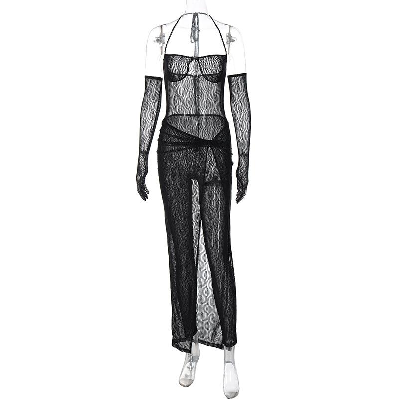 acelimosf™-Sheer mesh solid halter self tie gloves backless jumpsuit skirt set goth Alternative Darkwave Fashion goth Emo Darkwave Fashion