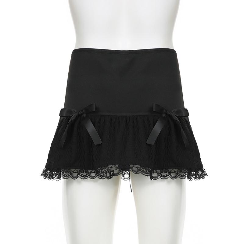 acelimosf™-Lace up ruched lace hem solid bowknot low rise mini skirt