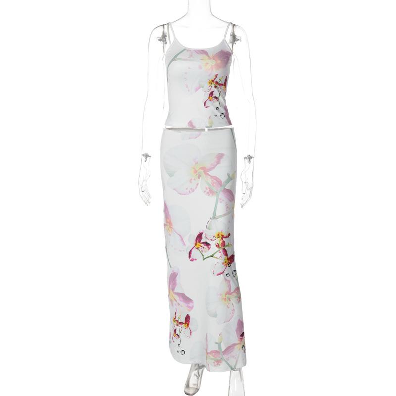 acelimosf™-Flower print u neck adjustable cami maxi skirt set