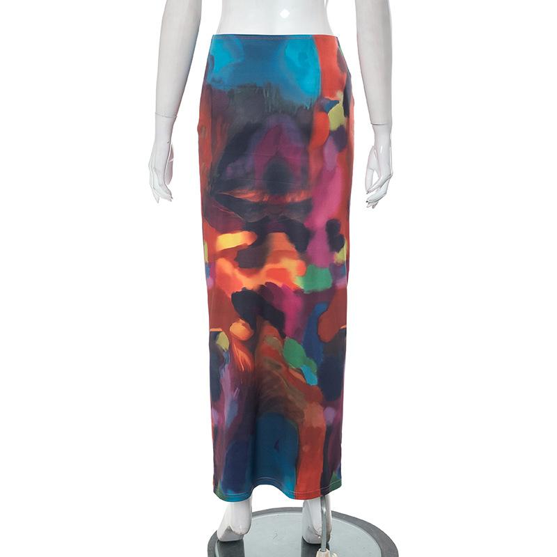 acelimosf™-Abstract print low rise contrast maxi skirt y2k 90s Revival Techno Fashion