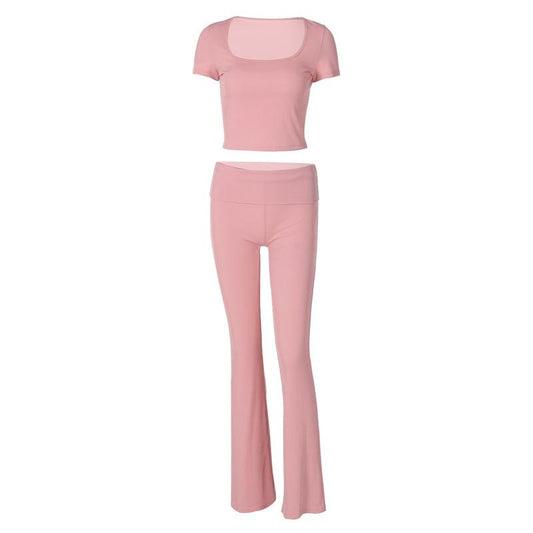 acelimosf™-Short sleeve u neck ribbed solid pant set