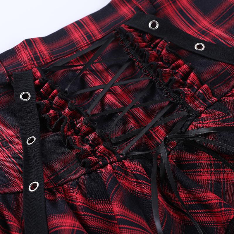 acelimosf™-Lace hem ruffle lace up plaid smocked backless mini skirt set