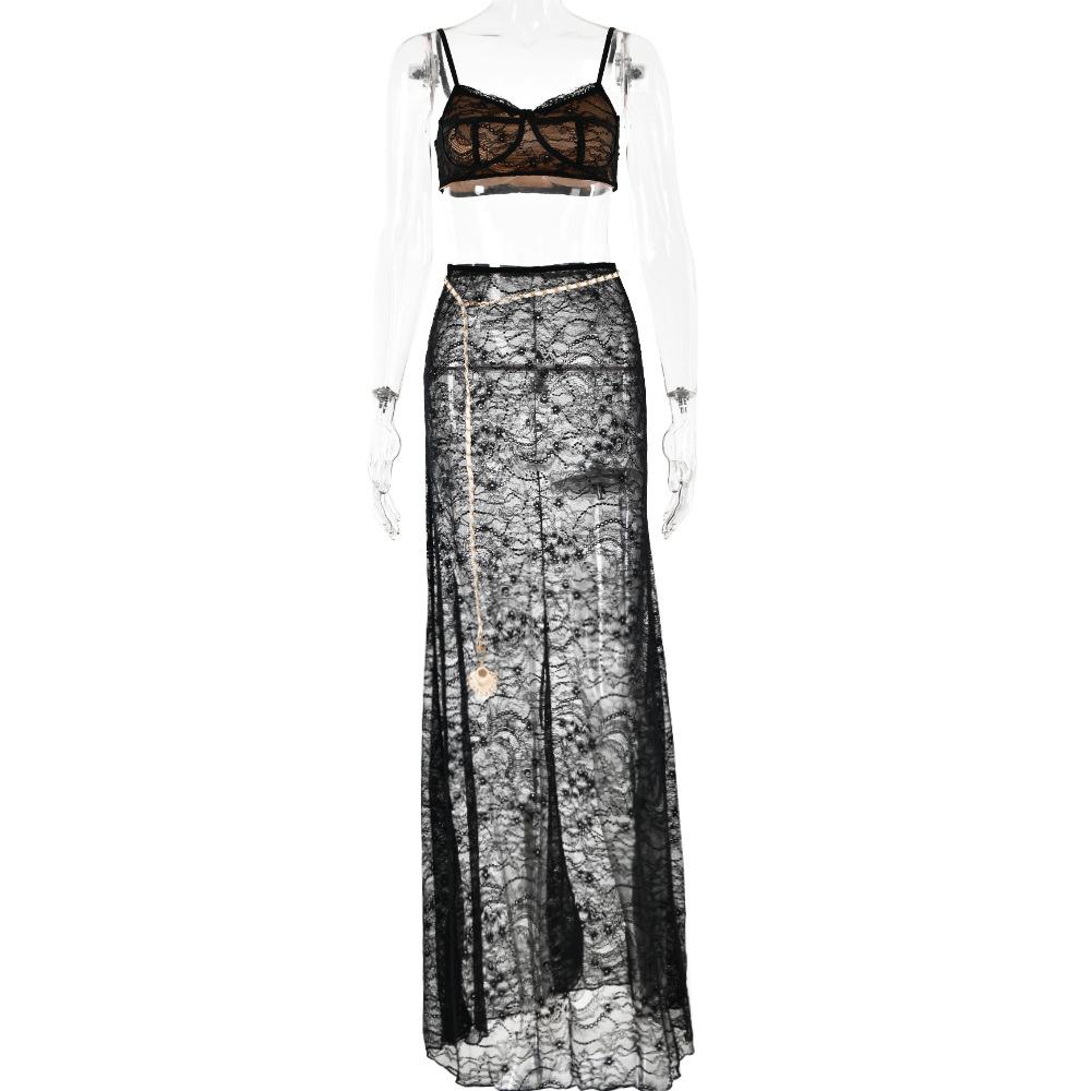 acelimosf™-Lace see through v neck contrast cami maxi skirt set