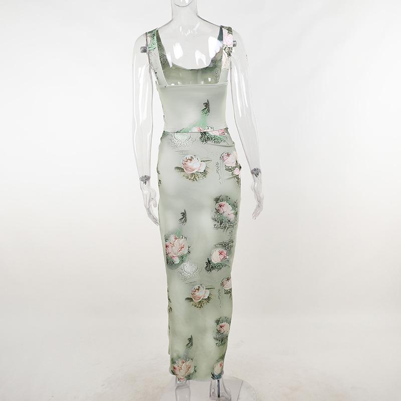 acelimosf™-Flower print cowl neck contrast slit ruched sleeveless maxi skirt set