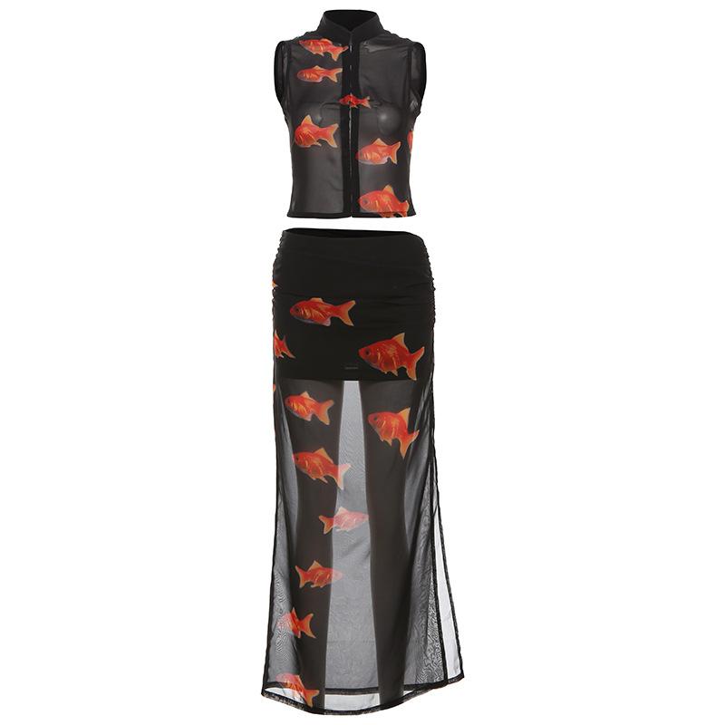 acelimosf™-High slit goldfish print button mesh see through maxi skirt set