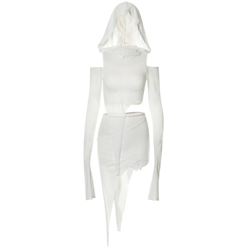 acelimosf™-Hoodie irregular solid off shoulder long sleeve mini skirt set y2k 90s Revival Techno Fashion