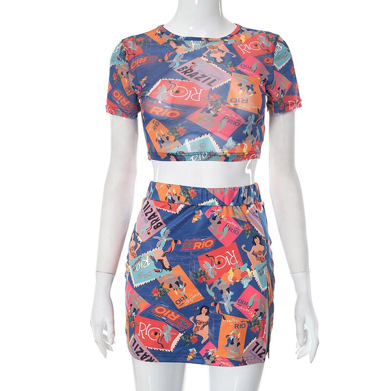 acelimosf™-Abstract print mesh short sleeve crewneck contrast mini skirt set cyberpunk Sci-Fi Fashion