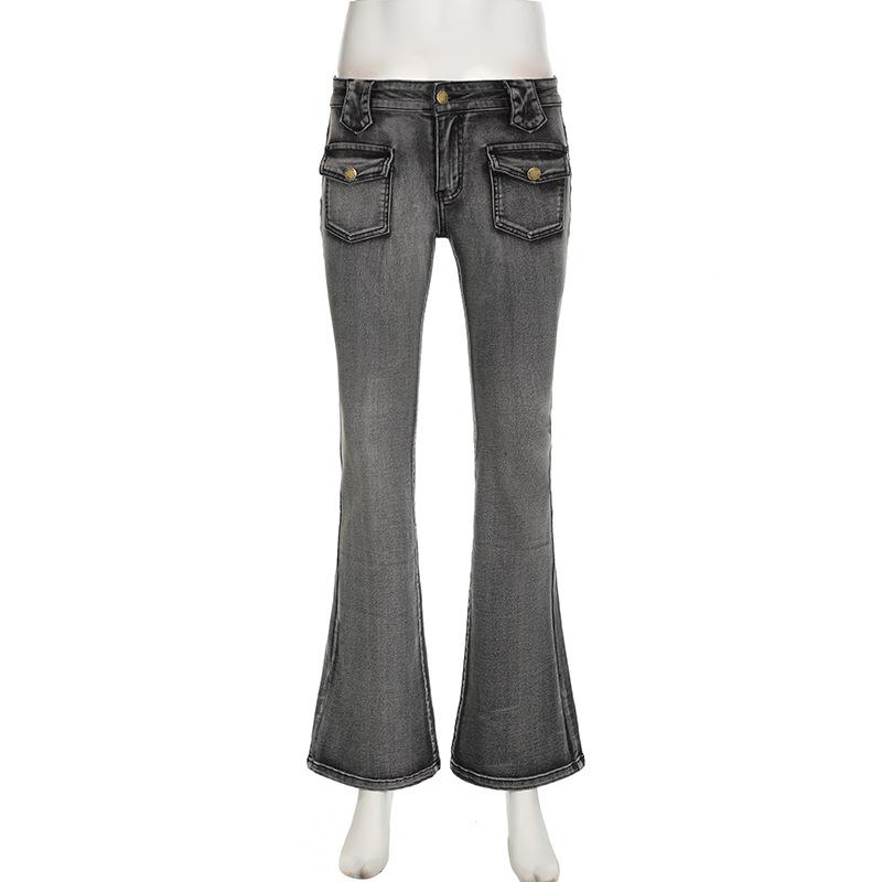 acelimosf™-Pocket button solid low rise flared jeans