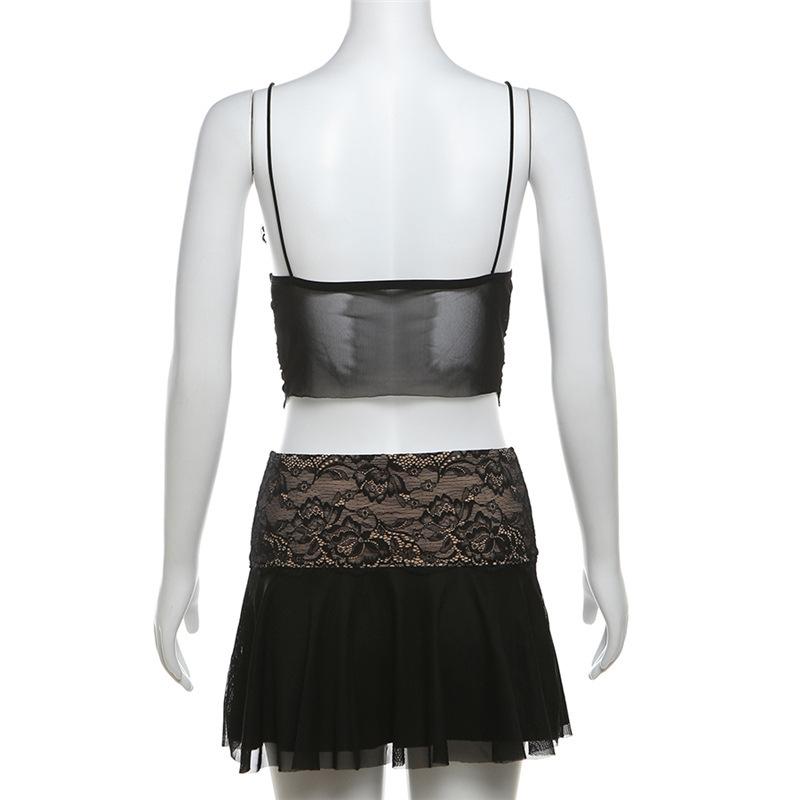 acelimosf™-Lace v neck ruched mesh patchwork cami mini skirt set