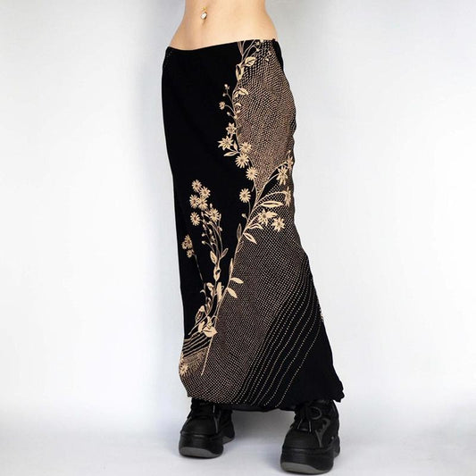 acelimosf™-Polka dot flower print contrast maxi skirt