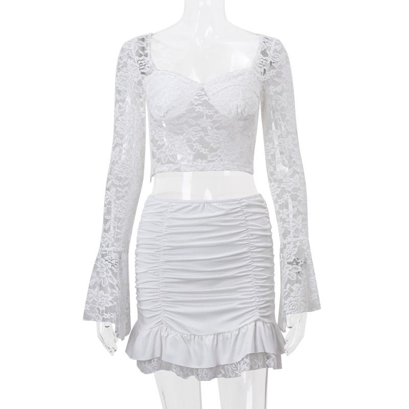 acelimosf™-Long flared sleeve sweetheart neck lace ruched ruffle mini skirt set