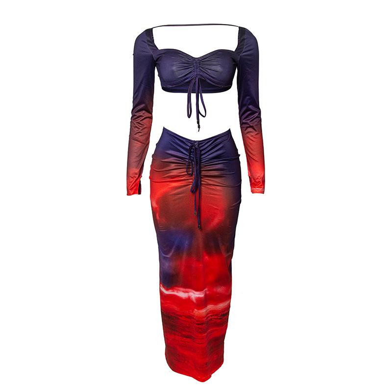 acelimosf™-Drawstring contrast long sleeve low cut slit maxi skirt set