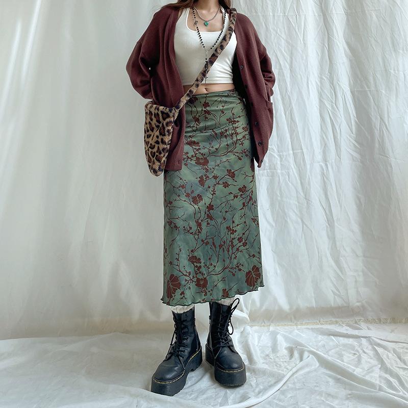 acelimosf™-Flower pattern contrast ruffle tie dye midi skirt grunge 90s Streetwear Disheveled Chic Fashion grunge 90s Streetwear Distressed Fashion