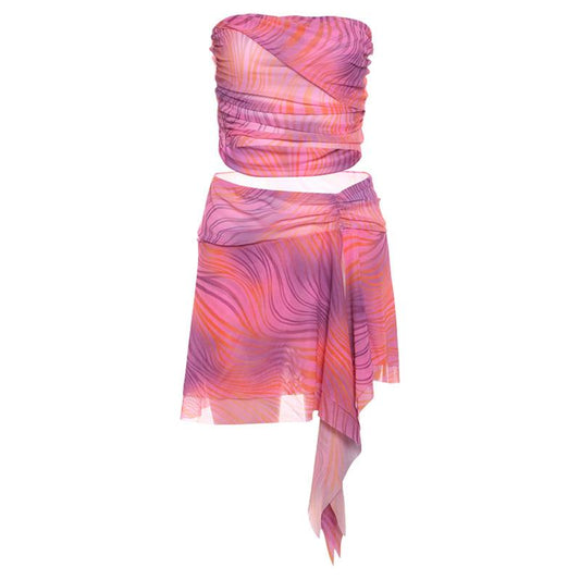 acelimosf™-Backless tie dye ruffle tube mini skirt set