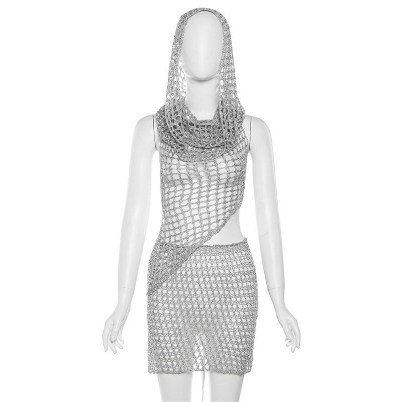 acelimosf™-Crochet hoodie sleeveless backless hollow out irregular mini skirt set