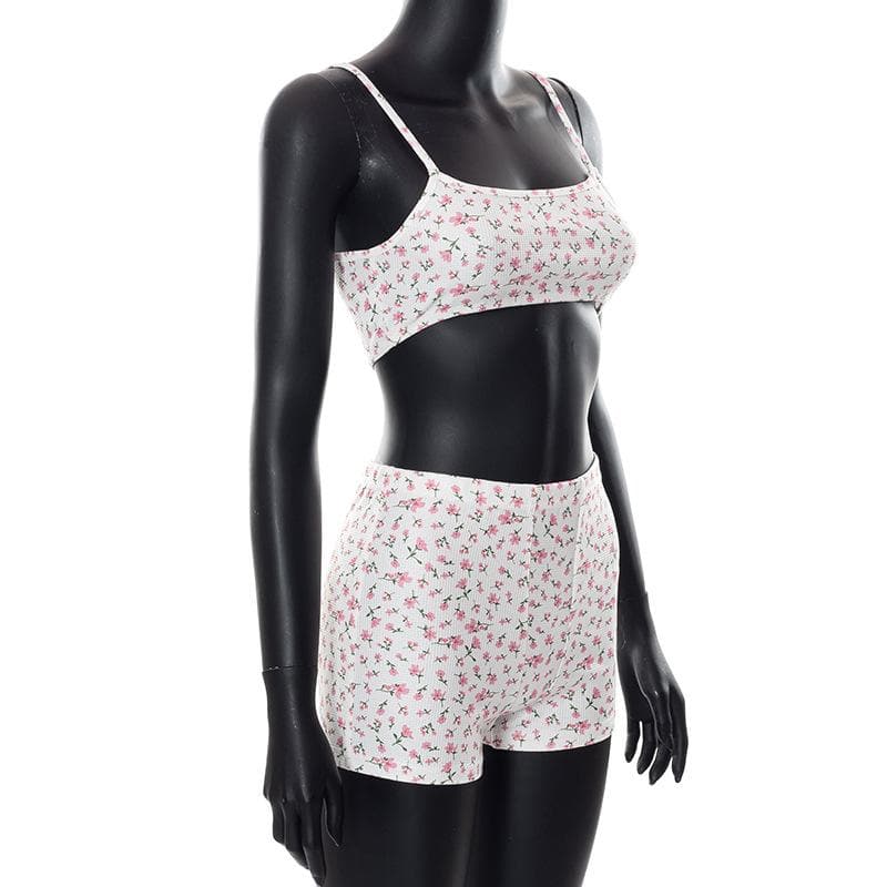 acelimosf™-Floral print textured cami crop top short pant set y2k 90s Revival Techno Fashion