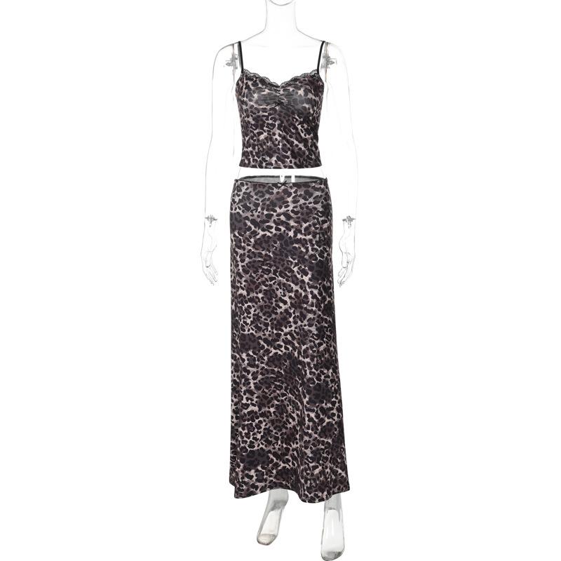 acelimosf™-Leopard print lace hem cami maxi skirt set