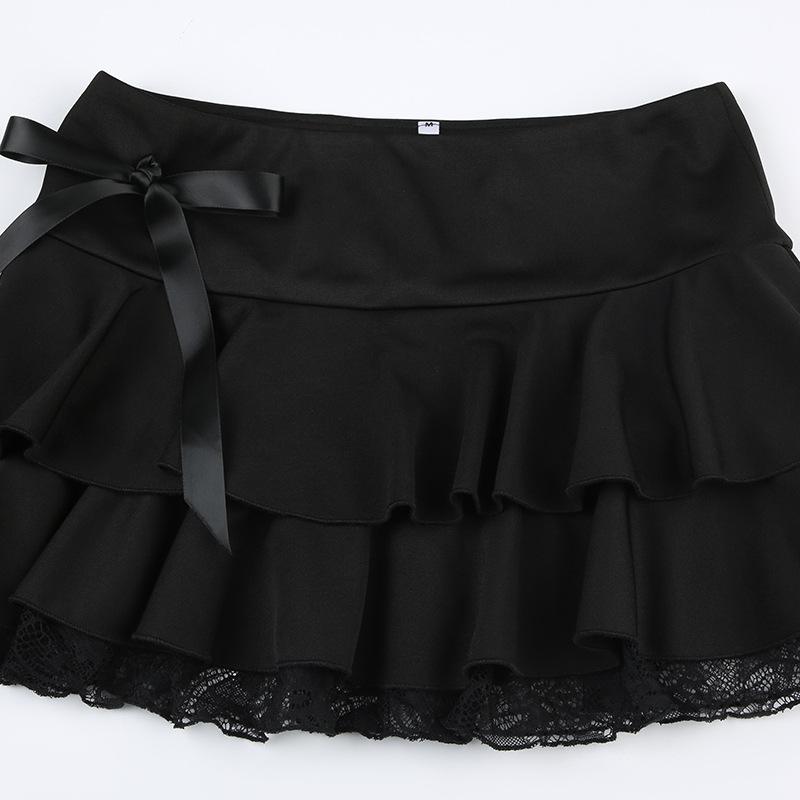 acelimosf™-Bowknot solid ruffle lace hem low rise mini skirt