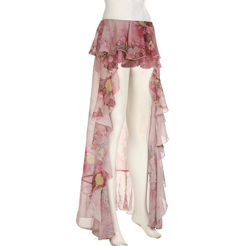 acelimosf™-Chiffon flower print ruffle maxi skirt