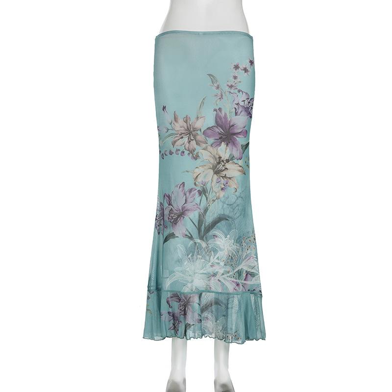 acelimosf™-Ruched ruffle cowl neck  flower print mesh maxi skirt set