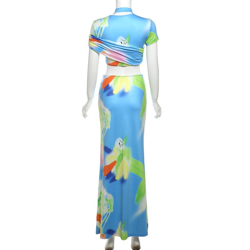 acelimosf™-Short sleeve ruched contrast print maxi skirt set