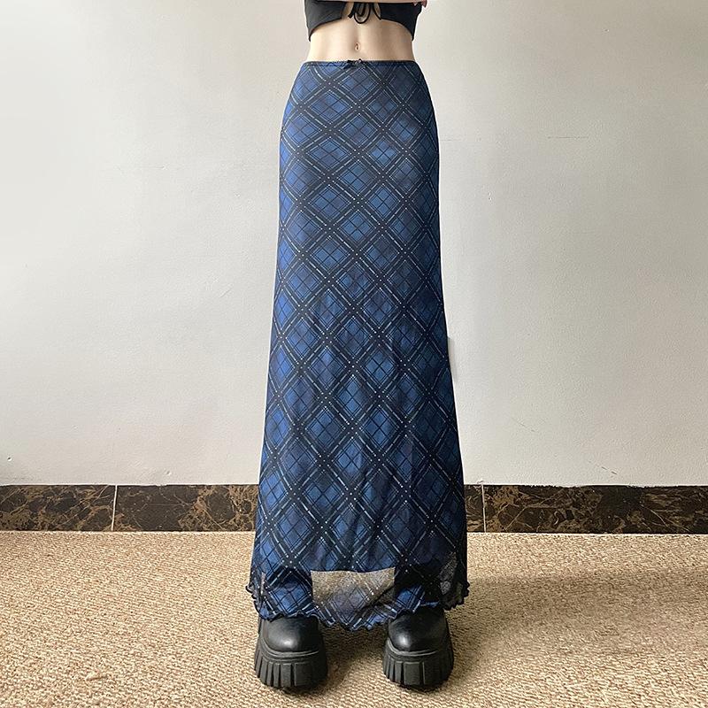 acelimosf™-Bowknot mesh ruffle print plaid maxi skirt