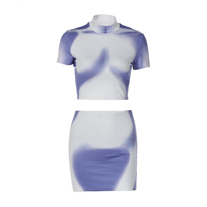 acelimosf™-Short sleeve high neck contrast body print mini skirt set y2k 90s Revival Techno Fashion